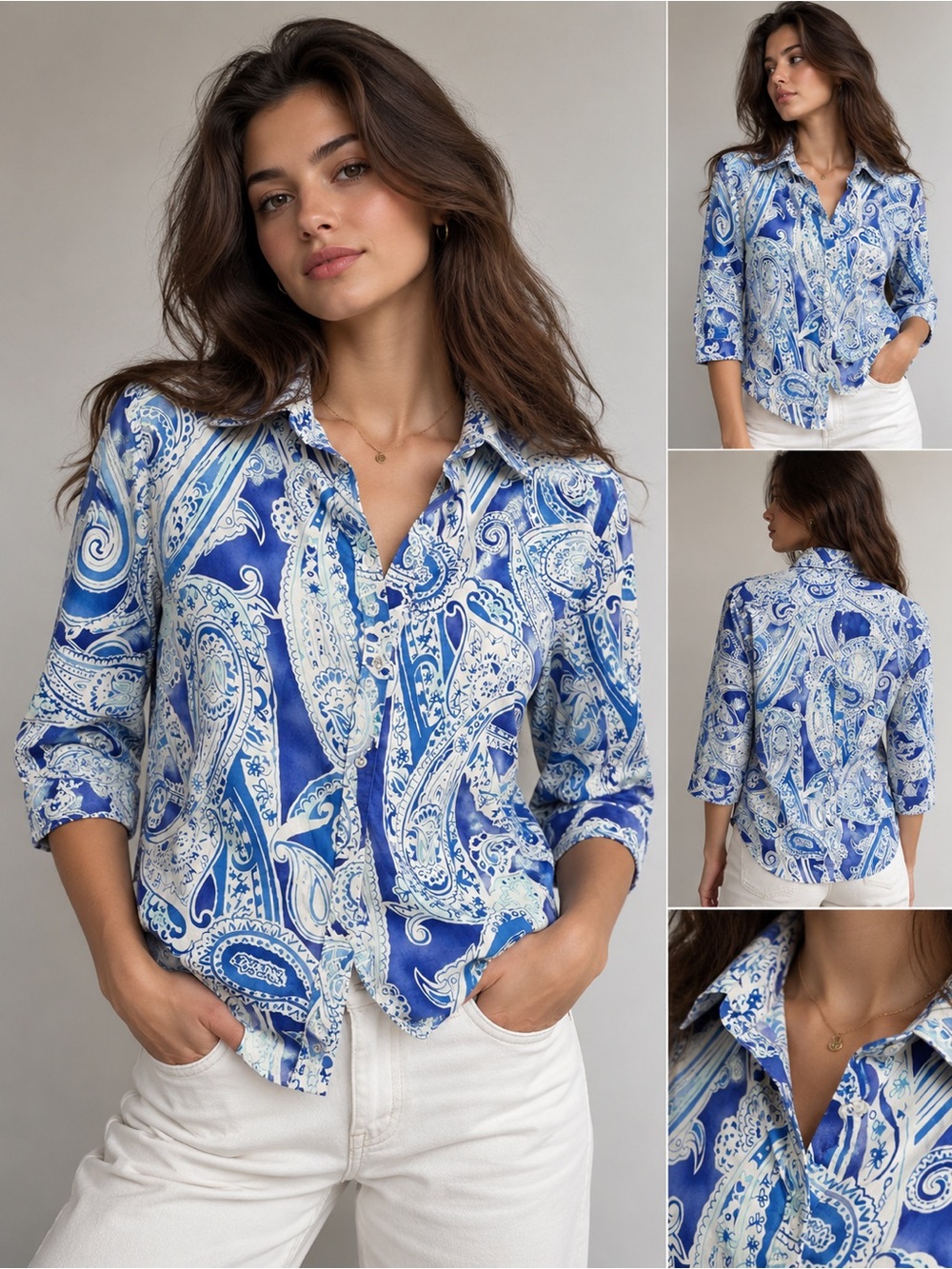 Lauren Ralph Lauren Paisley Button Down Shirt Women L three-quarter lengthsleeve